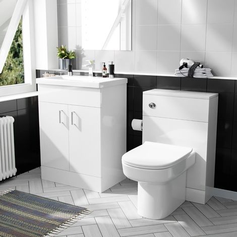 Popie 600 mm Basin Vanity Cabinet & Back To Wall WC Toilet Suite White (1/5)