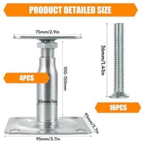 NALOOKAMIC Lot de 4 supports de poteau réglables en hauteur, supports de poteau galvanisés, galvanisés, avec 16 vis, supports de poteau réglables pour bétonner, pieds de support pour abris (4p 1