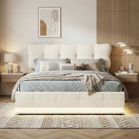 Lit coffre 160x200 - Lit 160 x 200 - Velours beige - Sommier à lattes inclus - Rangement hydraulique avec LED (1/5)