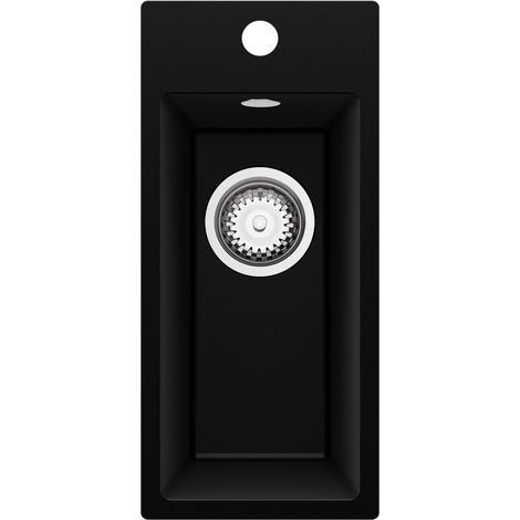 PRIMAGRAN Evier Cuisine en Granit 23x50cm,Lavabo 1 Bac + Kit de Vidage, Évier à Encastrer au Meuble 25cm - Riga, Noir (1/5)