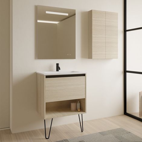 Meuble salle de bain simple vasque YOKO  fumé sablé 60 cm Gris  Miroir inclus (1/5)