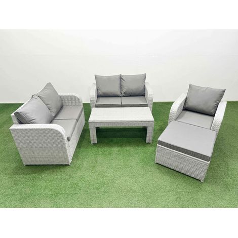 Fimous High Back Poly Rattan Garden Furniture Set with Reclining Chair Loveseat Sofa Oblong Coffee Table Indoor Outdoor Patio Set Big Stool Light Grey (1/4)