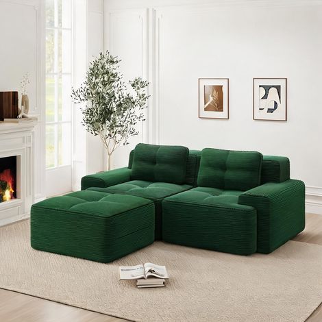 Canapé d'angle modulable en velours côtelé vert avec pouf (1/5)
