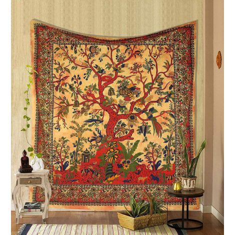 Tapis mural Arbre de Vie Jaune Psychédélique 200x150cm, Couvre-lit en Coton Indien Double, Nappe de Pique-nique, Décoration Murale et Plafond (1/5)