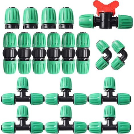 19-piece irrigation fitting kit for 1/2" drip hoses: 6 T-pieces, 6 couplings, 4 end fittings, 2 elbow fittings, 1 switching valve connector (1/5)