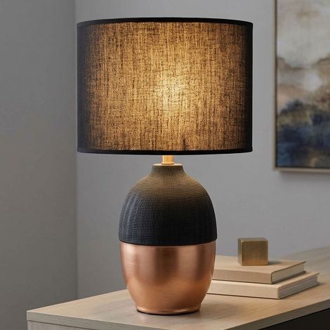 Tischlampe Schlafzimmer Beistellleuchte schwarz Leselampe modern, Designleuchte Nachtlicht Textilschirm, Keramik gold, 1x E14 Fassung, DxH 25x43 cm (1/5)