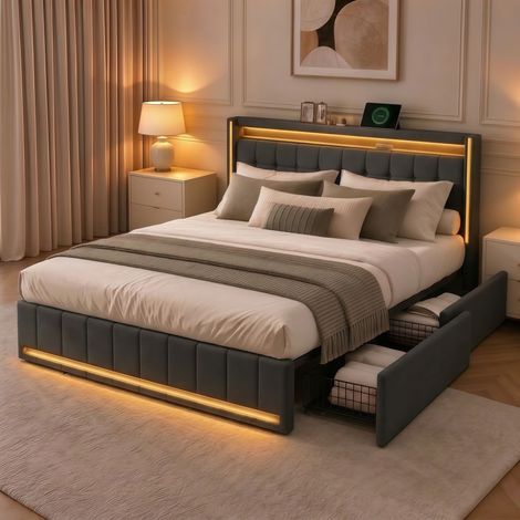 Lit adulte 160x200 avec sommier à lattes,bande lumineuse LED et chargement USB,4 tiroirs,lit double capitonné,tissu en lin,gris
