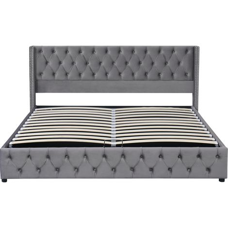 Cama con canapé tapizada en terciopelo gris 160 x 200 cm HOMVRA (1/5)