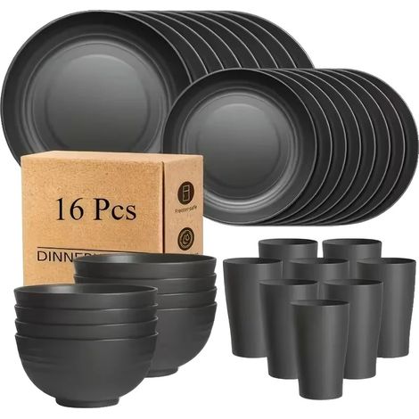 Juego de vajilla negra de 16 piezas, apta para microondas y duradera, ideal para fiestas. (1/2)