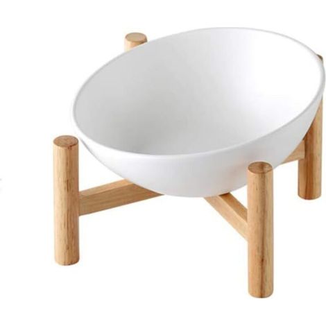 White Elevated Gam Angled Pet Bed for Dogs and Cats, Ceramic with Bamboo and Wooden Stand, Small-Fei Yu (1/4)