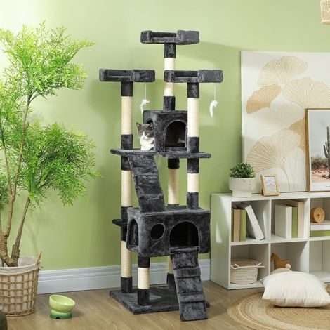 Árbol para gatos de sisal y felpa gris con 3 plataformas, para rascar, descansar y trepar, 49 x 49 x 173 cm (1/5)