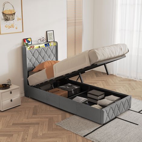 Letto contenitore 90 x 200 cm, letto imbottito con LED e porta USB-C per camera da letto, testiera capitonné in morbido velluto e rete sollevabile idraulica, grigio scuro (1/5)