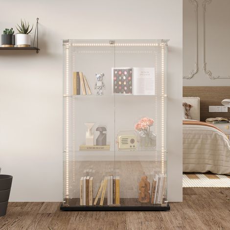 Vitrines en verre 78.5x35x123.5cm, bande lumineuse LED, 3 étagères et 2 portes, vitrine armoire, verre trempé, design transparent 360°, noir (1/5)
