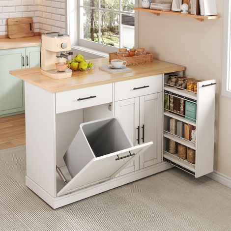 Îlot central de cuisine pliable sur roulettes 120x70x93 cm, rangement épices, MDF blanc (1/5)