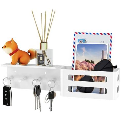 Porte-clés mural blanc avec 4 crochets, étagère murale décorative en métal pour clés, organiseur de clés et de courrier pour salon, entrée, vestiaire, couloir. (1/4)