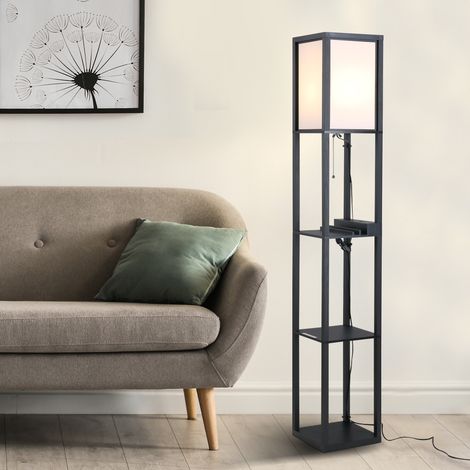 Lámpara de pie moderna, bombilla de iluminación interior que ahorra espacio con estantes para sala de estar, algodón, MDF 26 x 26 x 160 cm Negro y blanco