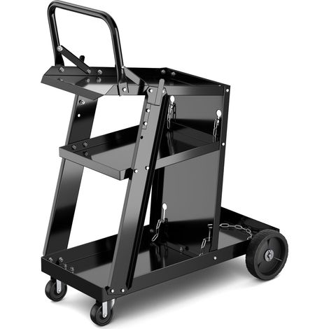 Carro de soldadura con 3 estantes y cadenas de seguridad, color negro