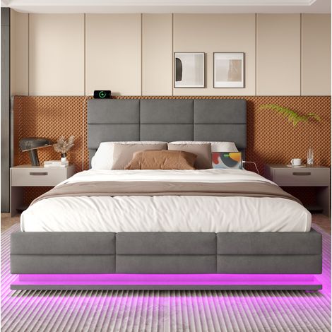 Letto a cassone adulti 160x200 cm con porta USB, illuminazione LED e testiera regolabile, in velluto, senza materasso, grigio (1/5)