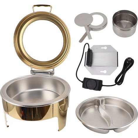 Plateau Chauffant Buffet 300W Doré, Couvercle Vitré 6L Rond, 2 Modes Température Réglable, Plat de Service Chaude, Prise UE 220-240V, Bac Alimentaire Amovible (1/5)