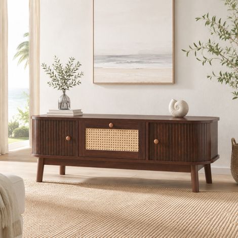Mesa de centro de ratán 110 x 55 x 38,5 cm con almacenaje y puertas correderas DESVIAE (1/5)