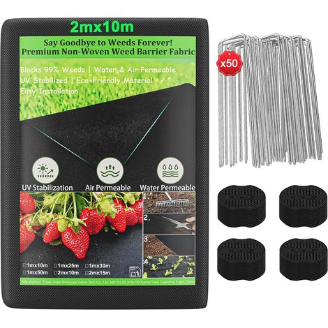 Dripex Toile de Paillage 2m x 10m avec 50 Piquets, Géotextile Non Tissé 100 g/m², Anti-Mauvaises Herbes Tissu, Perméable à l'eau, Résiste Rayons UV, Résistant, Noir (1/5)