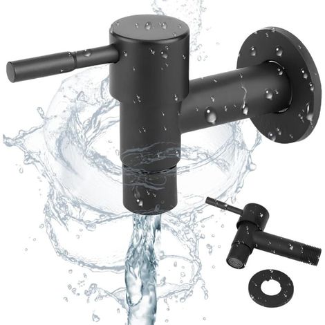 Rubinetto per piscina, rubinetto nero a parete, rubinetto per lavandino con maniglia corta, rubinetto per acqua fredda ad apertura rapida in acciaio inossidabile 304, rubinetto per lavatrice nero retr (1/4)
