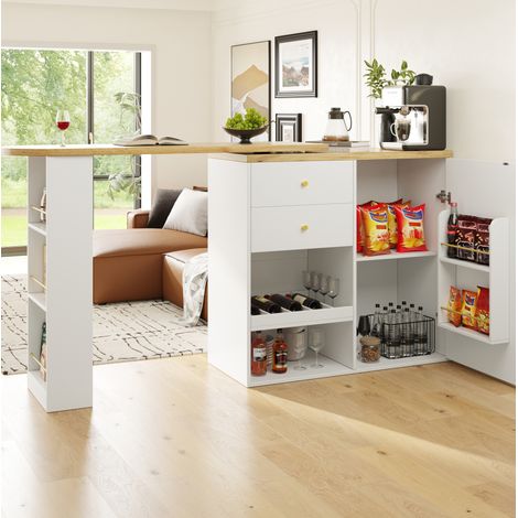 Mesa bar giratoria de MDF blanco 138x39x104 cm con 4 cajones y estantes laterales de 360° (1/5)