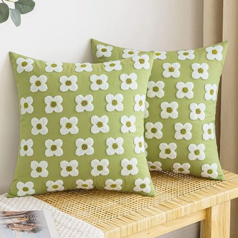 Housses de coussin décoratives carrées à motif marguerite et tournesol, jacquard, pour canapé, lit, salon ou chambre (lot de 2), 45 x 45 cm, vert sauge (1/5)
