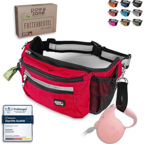 Sac à nourriture pour chien - Sac à friandises pour chien - Sac banane pour accessoires pour chien - Avec bande réfléchissante et sangle supplémentaire pour laisse flexible (rouge feu) (1/5)