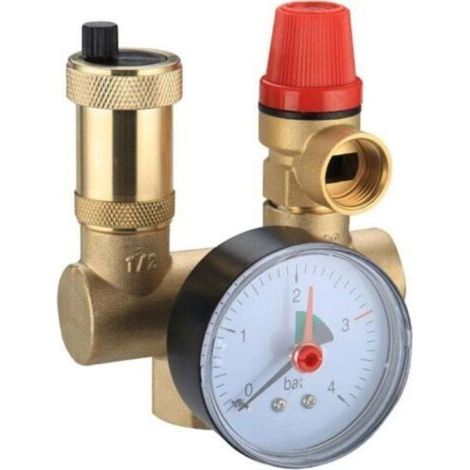 Sicherheitsset für Warmwasserspeicher, 1"- und 3/4"-Gewindeanschluss, 6 bar, mit Rückschlagventil, Ablassventil, Manometer, Zentralheizung, Fußbodenheizung (1/5)