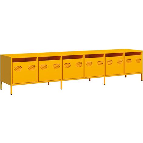 Meuble TV moderne avec grand espace de rangement 202 x 39 x 43 cm en acier laminé à froid jaune moutarde