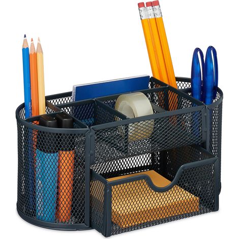 Relaxdays Organiseur bureau, rangement stylo, 9 casiers, tiroir, design maille, métal, HxLxP : 10,5x22x11 cm, anthracite