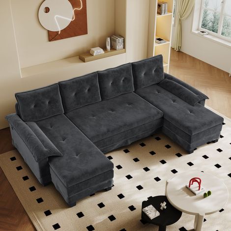 Grand canapé convertible avec fonction couchage, coussins inclus, assise mousse, revêtement chenille, gris, 278x127x87 cm (1/5)