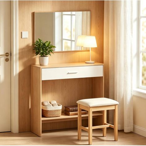 Console entrée 91,5x27,9x85,5 cm en particules chêne/blanc avec miroir, gain de place – MEUBLIV (1/5)
