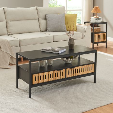 Tavolino da Salotto Luniehti con Ante in Bambù 100 x 40 x 48 cm - Nero/Naturale [en.casa]