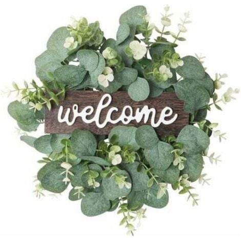 Couronne D'eucalyptus Artificielle Verte 30 cm Couronne Ronde Avec Panneaux en Bois Fleurs Blanches et Vertes Décoration Murale Couronne D'été (1/4)