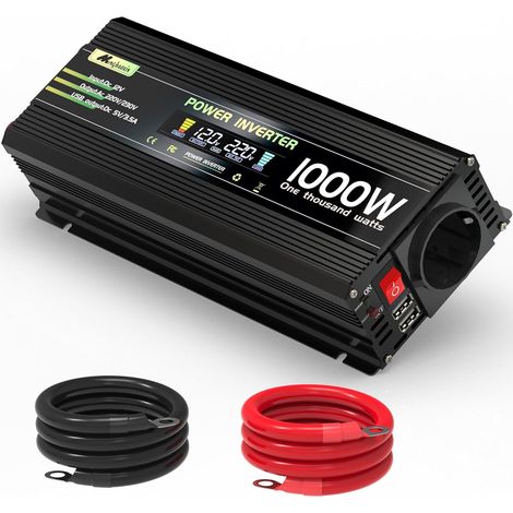 1000W/2000W Convertisseur 12V 220V/230V Transformateur,DC AC Inverter Onduleur Allume 2 Prise EU De Courant Alternatif LCD pour Voiture, Camping, Voyage, Panneau Solaire, VR (1/5)