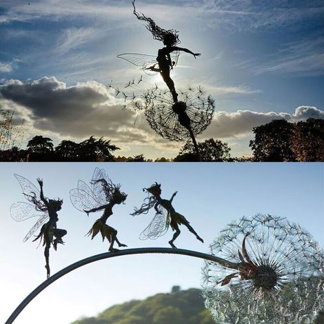 Sculptures de jardin de fées sur piquets : fées et pissenlits dansent ensemble (A+B, 2 pièces) (1/3)