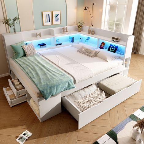 REDOM Cama de día 223x162x95 cm, con LED, USB y Type C, cajones y estantes, con colchón, madera blanca (1/5)