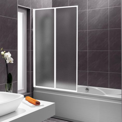Paroi de douche pour baignoire 100×140 cm, 2 pièces pliables en plastique PS résistant aux chocs, paroi de douche avec cadre en aluminium blanc, protection anti-éclaboussures pour baignoire (1/5)