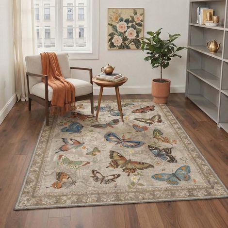 Tapis Salon Vintage 120x170cm Lavable en Machine Rug AntidéRapant Poil Ras, pour Chambre Salle a Manger Descente de Lit Bureau, Cuisine,Beige Papillon Antique (1/5)