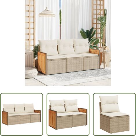 vidaXL Rattanmöbel - 3-tlg. Garten-Sofagarnitur mit Kissen Beige Poly Rattan (1/5)
