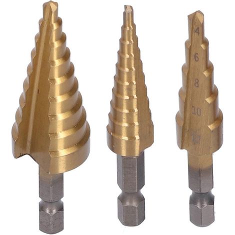 3-teiliges Stufenbohrer-Set, titanbeschichteter legierter Stahl, Sechskantgriff, gerade Nut, 3-12/4-12/4-20