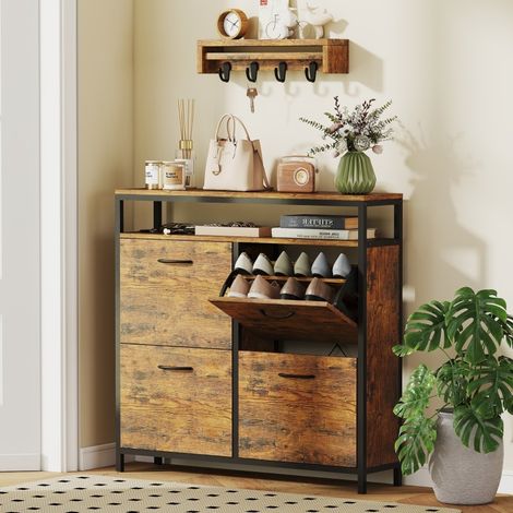 Meuble à chaussures 98x24x95 cm brun rustique en bois avec 4 tiroirs abattants et étagère ouverte (1/5)