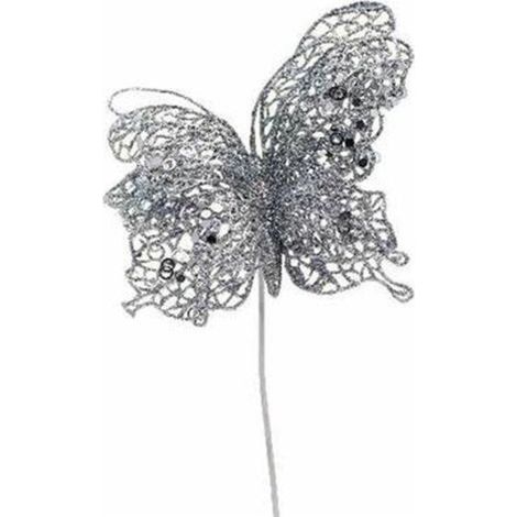 Farfalla con gambo corto per decorazione addobbo albero di natale - colore argento