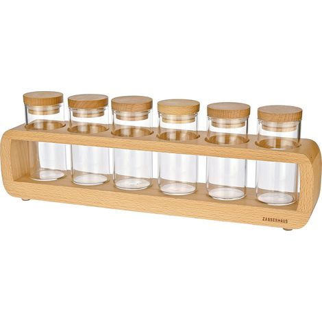 Étagère à épices en hêtre avec 6 bocaux en borosilicate (1/5)