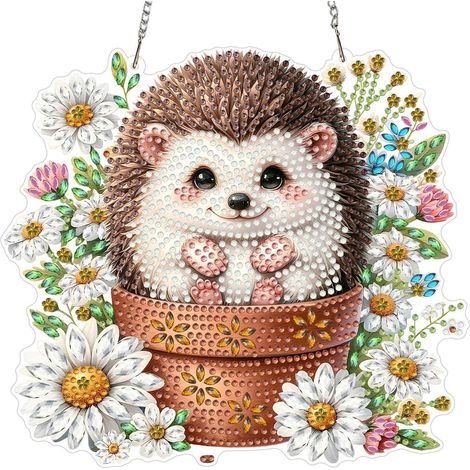 Diamond Painting Anhänger Igel mit Chrysanthemen, doppelseitig, 20x20cm