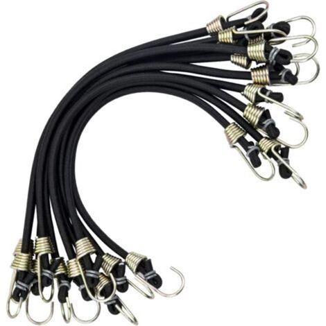Sangles en caoutchouc robustes (lot de 10) avec mini-crochets, noires, pour tentes de camping, remorques, motos, vélos, chariots à bagages. Usage universel.