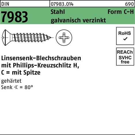 Linsensenkblechschraube DIN 7983 m.Kreuzschlitz-PH C 4,8 x 19 -HStahl gehärtet galvanisch verzinkt 500 Stück (1/2)