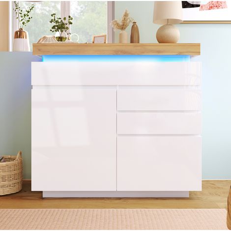 Buffet 110x39x115 cm blanc en panneaux de particules et MDF avec LED, 2 portes, 3 tiroirs et étagères réglables (1/5)